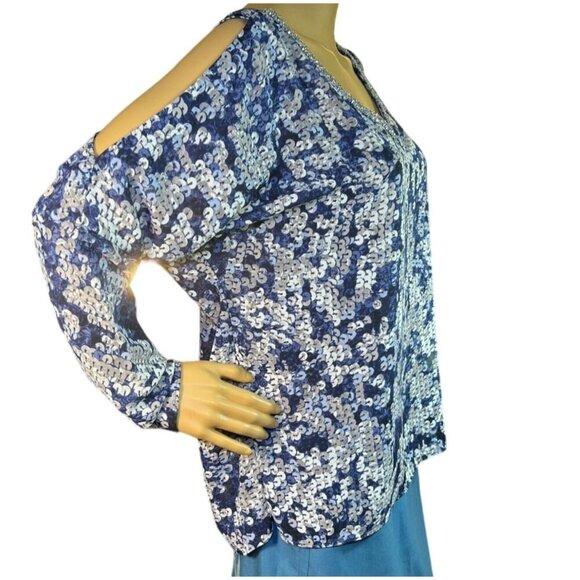 (5 for $25) Juicy Couture Sequin Patterned Sexy Cold Shoulder Top - Size Medium - Picture 6 of 9